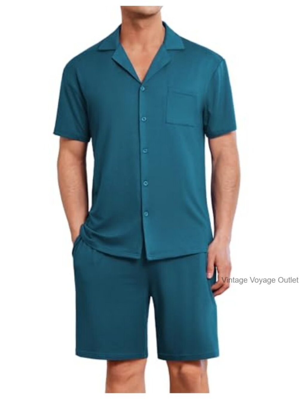 Mens 2-Piece Pajama Set Short Sleeve Button Down Sleepwear Lounge Shorts